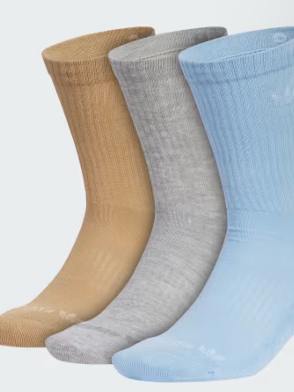 adidas 3-Pack Crew Socks in Tan, Gray & Light Blue